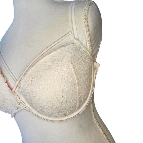 Victoria Secret PINK 36DD Date White Lace Underwire Padded Pushup Bra Strappy‎ - Picture 2 of 10